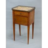 A LATE 19th.C. FRENCH SIDE CABINET, THE PUDDING STONE TOP WITH THREE QUARTER GALLERY OVER A DRAWER