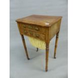 A REGENCY MAHOGANY AND ROSEWOOD CROSS BANDED SEWING TABLE WITH TWO SHALLOW DRAWERS OVER SLIDE OUT