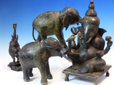 A SRI LANKHAN BRONZE FIGURE OF THE FOUR ARMED GANESH SEATED. H 34cms. A PAIR OF BRONZE ELEPHANT