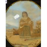 A LATE 18th/EARLY 19th C. OVAL SILKWORK PICTURE OF A SHEPHERDESS CARRYING A LAMB, THE VERRE EGLOMISE