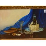 20th.C. ENGLISH SCHOOL. A TABLE TOP STILL LIFE. OIL ON BOARD, SIGNED INDISTINCTLY. 25 x 35cms.