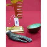 SERGIO ROSETTIN, A VENETIAN BRASS GONDOLA PROW. H 36.5cms. A BRONZE HAND. W 21cms. TOGETHER WITH A