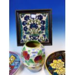 A RODDY FLORAL OVOID VASE. H 19.5cms. A FRAMED IZNIK DESIGN FLORAL TILE. 19.5 x 19.5cms. AN ILSA