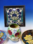 A RODDY FLORAL OVOID VASE. H 19.5cms. A FRAMED IZNIK DESIGN FLORAL TILE. 19.5 x 19.5cms. AN ILSA