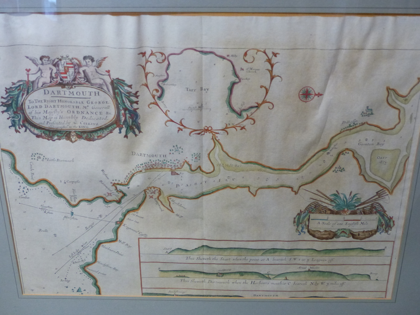 AFTER G. COLLINS. AN ANTIQUE HAND COLOURED MAP OF DARTMOUTH. 46 x 57.5cms.