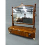 A GEORGE III MAHOGANY RECTANGULAR DRESSING TABLE MIRROR ON A BOW FRONT BOX WITH A CENTRAL DRAWER