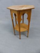 A LIBERTY STYLE ARTS AND CRAFTS OAK HEXAGONAL OCCASIONAL TABLE ON TURNED LEG WITH PLATFORM