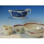 FOUR 18th/19th C. ENGLISH PORCELAINS, A DERBY CUSTARD CUP, NEW HALL TYPE TEA AND SLOP BOWLS TOGETHER