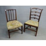 AN 18th C. MAHOGANY DINING CHAIR WITH FOUR PIERCED AND CARVED RUNG LADDER BACK TOGETHER WITH A