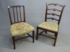 AN 18th C. MAHOGANY DINING CHAIR WITH FOUR PIERCED AND CARVED RUNG LADDER BACK TOGETHER WITH A