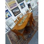 A FARSTRUP TILE INSET TEAK DINING TABLE AND SIX CHAIRS WITH MUSHROOM COLOURED CORDUROY SEATS, ONE OF