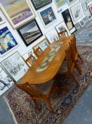 A FARSTRUP TILE INSET TEAK DINING TABLE AND SIX CHAIRS WITH MUSHROOM COLOURED CORDUROY SEATS, ONE OF