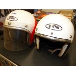 TWO VINTAGE GRIFFIN CRASH HELMETS (NOT FOR USE) (2).