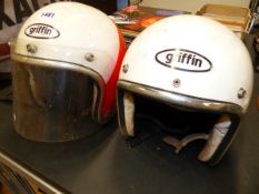 TWO VINTAGE GRIFFIN CRASH HELMETS (NOT FOR USE) (2).