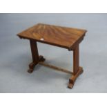 A MAHOGANY COFFEE TABLE, THE RECTANGULAR TOP ABOVE SCROLLING BRACKETS ATTACHED TO FLAT PILASTERS