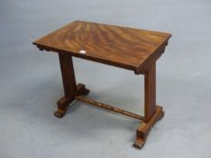 A MAHOGANY COFFEE TABLE, THE RECTANGULAR TOP ABOVE SCROLLING BRACKETS ATTACHED TO FLAT PILASTERS