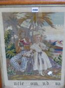 A 19th C. BERLIN WOOLWORK DEPICTING UNCLE TOM AND EVA BELOW PALM TREES, THE BURR MAPLE FRAME. 58.5 x