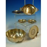 A HALLMARKED SILVER LOBED SMALL ENGRAVED DISH DATED 1911 BIRMINGHAM, TWO SMALL HALLMARKED PIN TRAYS,