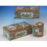 TWO SIMILAR CANTON BRUSH BOXES AND COVERS TOGETHER WITH A CANTON CYLINDRICAL JAR AND COVER. H 9cms.