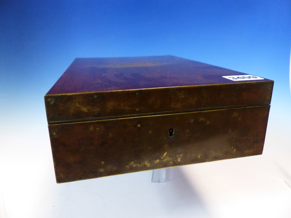 A ROSEWOOD GENTLEMANS CAMPAIGN TRAVEL BOX, THE INSIDE OF THE LID WITH RED SCRIM BACKED MIRROR - Image 5 of 17