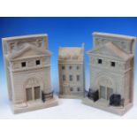 A PAIR OF 1996 TIMOTHY RICHARDS NATIONAL PORTRAIT GALLERY FACADE BOOK ENDS. H 22.5cms. TOGETHER WITH