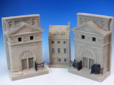 A PAIR OF 1996 TIMOTHY RICHARDS NATIONAL PORTRAIT GALLERY FACADE BOOK ENDS. H 22.5cms. TOGETHER WITH