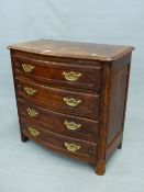 A 19th C. FRENCH OAK SERPENTINE CHEST OF FOUR DRAWERS ON ROUNDED FEET. W 89.5 x D 47 x H 89cms.