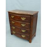 A 19th C. FRENCH OAK SERPENTINE CHEST OF FOUR DRAWERS ON ROUNDED FEET. W 89.5 x D 47 x H 89cms.