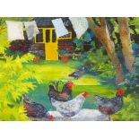 ANUK NAUMANN (b. 1951). ARR. CHICKENS. MIXED MEDIA, SIGNED. 35 x 35cms.