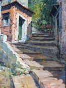 ANDREA PATRISI (b. 1954). ARR. STEPS THROUGH THE OLD TOWN. SIGNED, OIL ON BOARD, INSCRIBED VERSO. 40