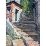 ANDREA PATRISI (b. 1954). ARR. STEPS THROUGH THE OLD TOWN. SIGNED, OIL ON BOARD, INSCRIBED VERSO. 40