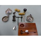 A COLLECTION OF WINE RELATED ITEMS, TO INCLUDE: THREE VARIOUS CORKSCREWS, THREE TASTEVINS, TWO