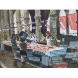 ROD PEARCE (b. 1942). ARR. FISH MARKET, VENICE. WATERCOLOUR, SIGNED. 24 x 54cms.