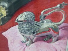 KEITH HENDERSON (1883-1982). ARR. FIGURE OF A LION ON A PINK CUSHION. SIGNED, WATERCOLOUR. 50 x