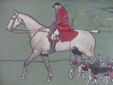 CIRCLE OF CECIL ALDIN. A VINTAGE SCENE OF HUNTSMEN WITH HOUNDS, OIL ON BOARD, INITIALLED AND DATED