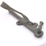 A ROMAN BRONZE MINIATURE STEELYARD WITH HOOK TO ONE END OF THE CENTRAL SUSPENSION LOOP AND A SCALE