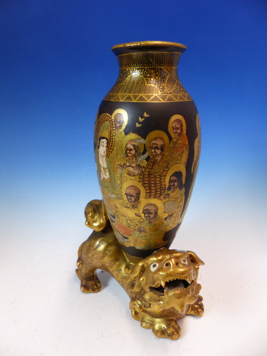 A PAIR OF SATSUMA POTTERY OVOID VASES PAINTED WITH KWANNON AND LUOHANS ON A BLACK GROUND, THE - Image 10 of 18