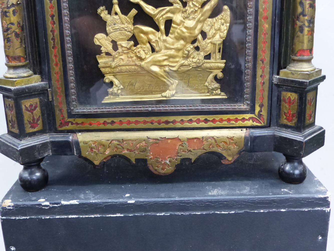 AN 18th C. AND LATER BOULLE CASED MANTEL CLOCK SIGNED J ARTUS PARIS BELOW A FIGURE OF ATLAS - Image 5 of 29