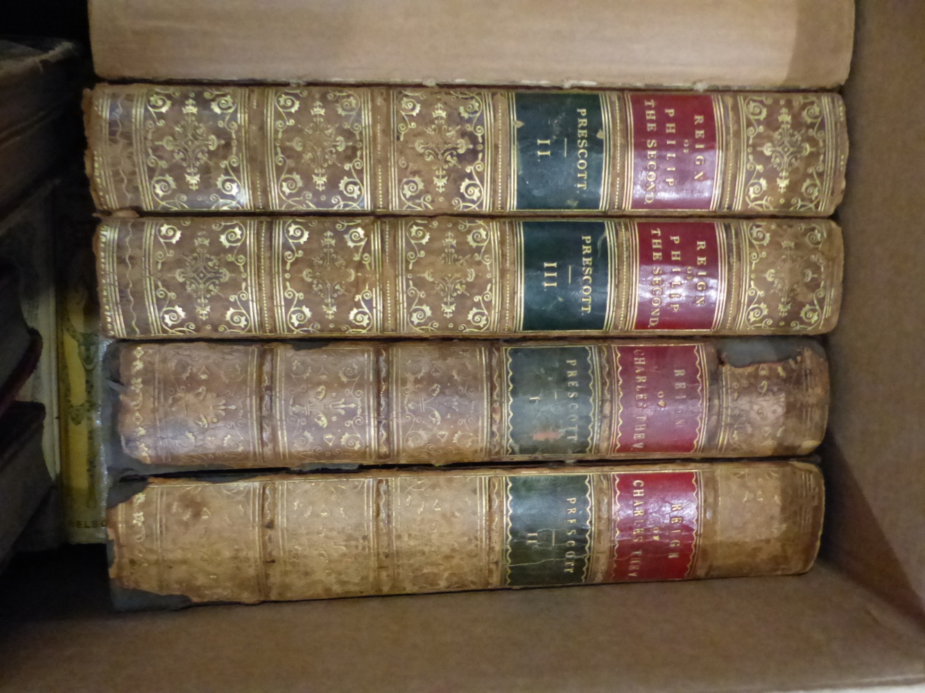 PRESCOTT, THE LIFE OF CHARLES VTH, 5 VOLS, A NUMBER OF LEATHER BOUND AND OTHER VOLUMES IN FRENCH, - Image 2 of 6