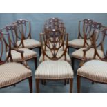 A SET OF TEN HEPPLEWHITE STYLE MAHOGANY SHIELD BACKED CHAIRS INCLUDING TWO WITH ARMS, THE BACK FR