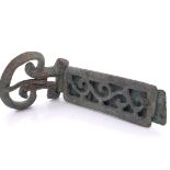 A ROMAN BRONZE MILITARY BUCKLE, THE KIDNEY SHAPED END ATTACHED TO A PLATE BACKED OPEN WORK RECTANGLE