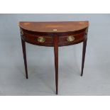 A DUTCH INLAID MAHOGANY TWO DRAWER DEMI LUNE SIDE TABLE, THE TOP WITH A BAND OF CHEQUER INLAY WITH