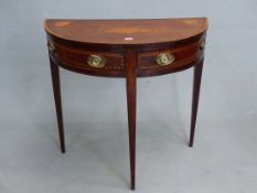 A DUTCH INLAID MAHOGANY TWO DRAWER DEMI LUNE SIDE TABLE, THE TOP WITH A BAND OF CHEQUER INLAY WITH