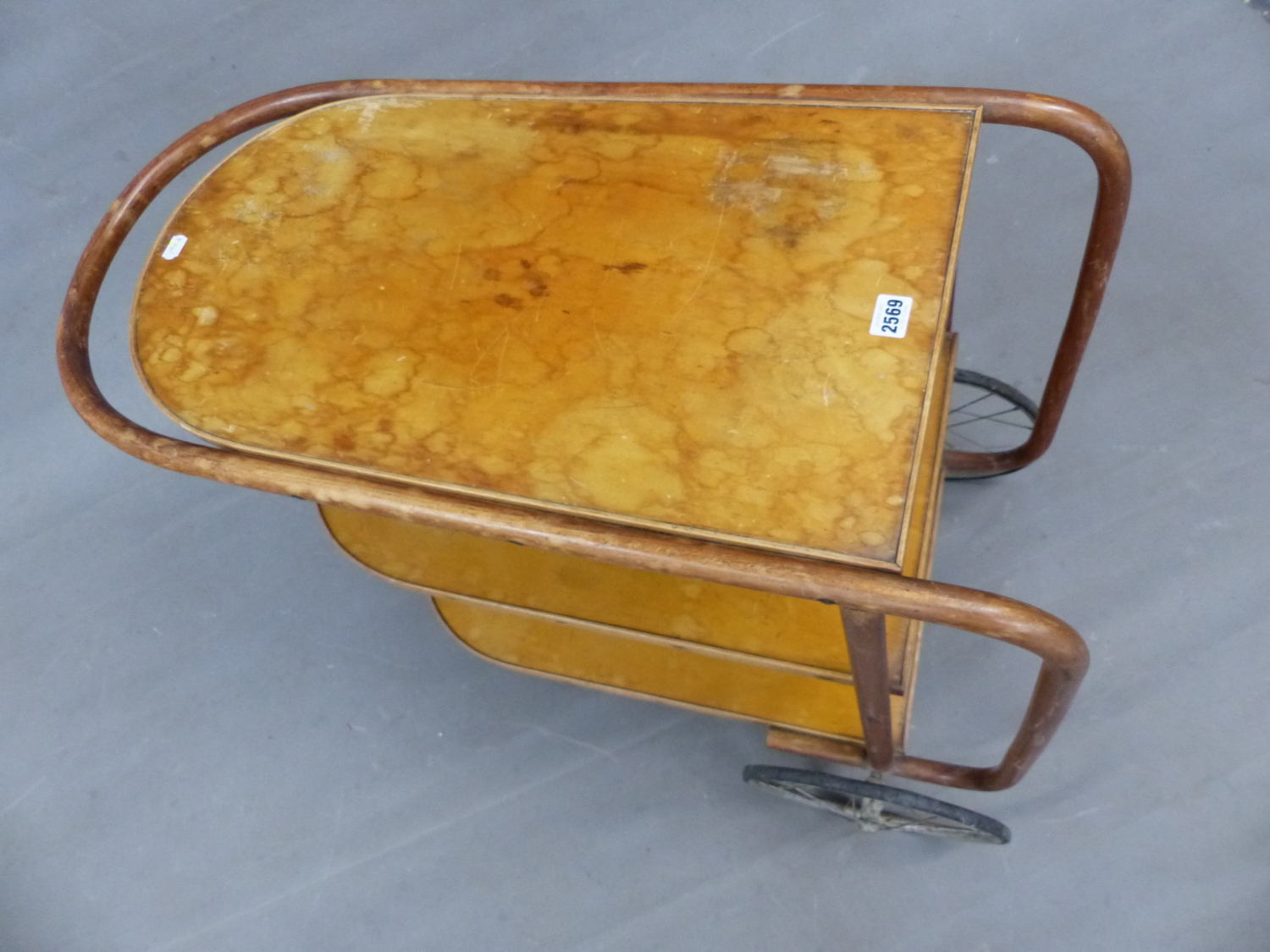 A THREE TIER TWO WHEEL TROLLEY WITH BENTWOOD SUPPORTS. W 88 x D 41 x H 77cms. - Image 2 of 9