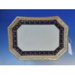 A 19th C. VIENNA PORCELAIN GALLERIED CANTED RECTANGULAR TRAY, THE BLUE BAND INSIDE THE GALLERY