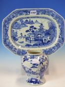 AN 18th C. CHINESE BLUE AND WHITE CANTED RECTANGULAR PLATTER PAINTED WITH AN ISLAND SCENE. W