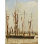 JANE GOODWYN (20th.C. ENGLISH SCHOOL). ARR. BARGES AT PINMILL. OIL ON BOARD, SIGNED. 51 x 41cms.