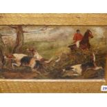 LATE 19th.C. ENGLISH SCHOOL. A PAIR OF HUNTING SCENES. OIL ON BOARD, FRAMED AS ONE. 22 x 41cms.