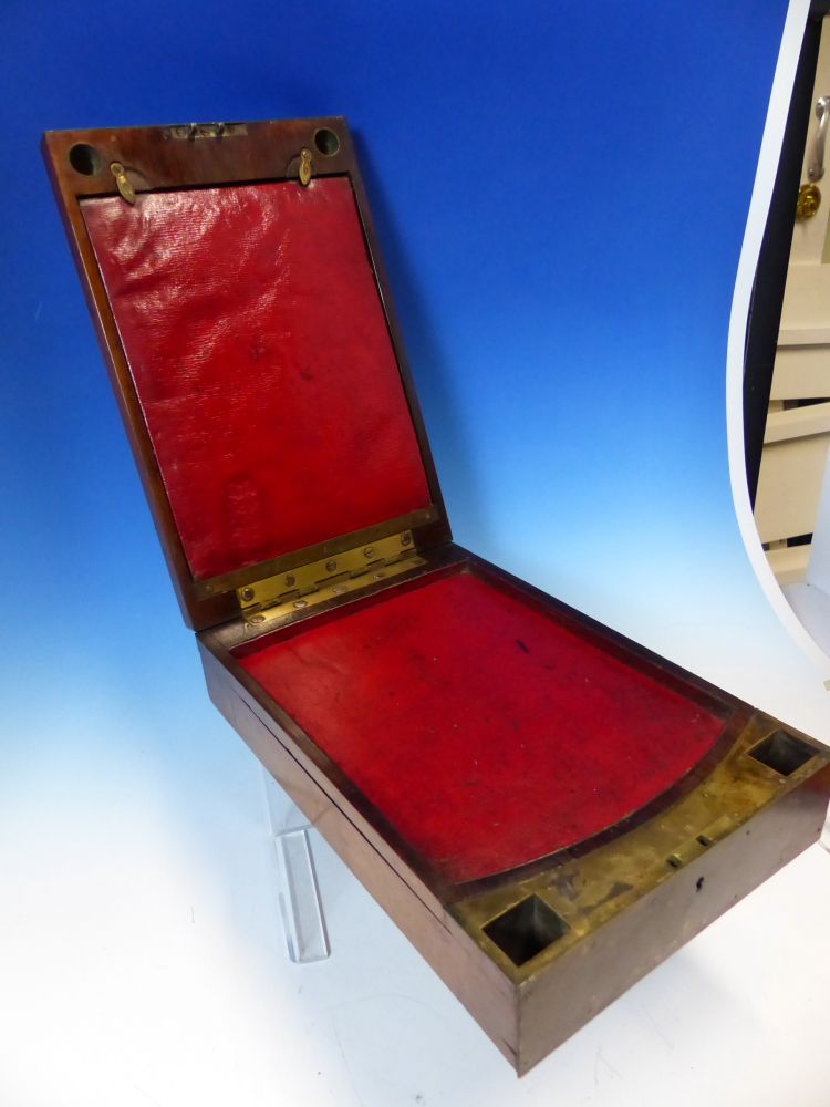 A ROSEWOOD GENTLEMANS CAMPAIGN TRAVEL BOX, THE INSIDE OF THE LID WITH RED SCRIM BACKED MIRROR - Image 6 of 17