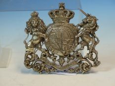 A WHITE METAL ARMORIAL BEARING, POSSIBLY FOR PRINCE ALBERT, THE ROYAL MOTTO BELTED AROUND THE